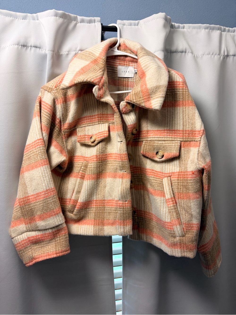 Lush Cream & Coral Plaid Cropped Jacket